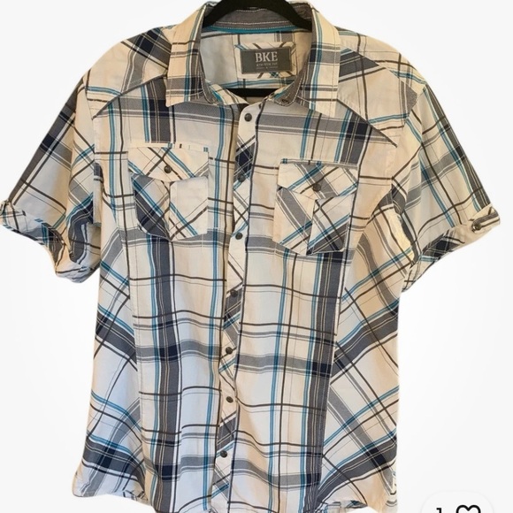 BKE Shirt Men’s Blue White L Athletic Fit Plaid Short Sleeve Pearl Snap Western - Picture 2 of 11